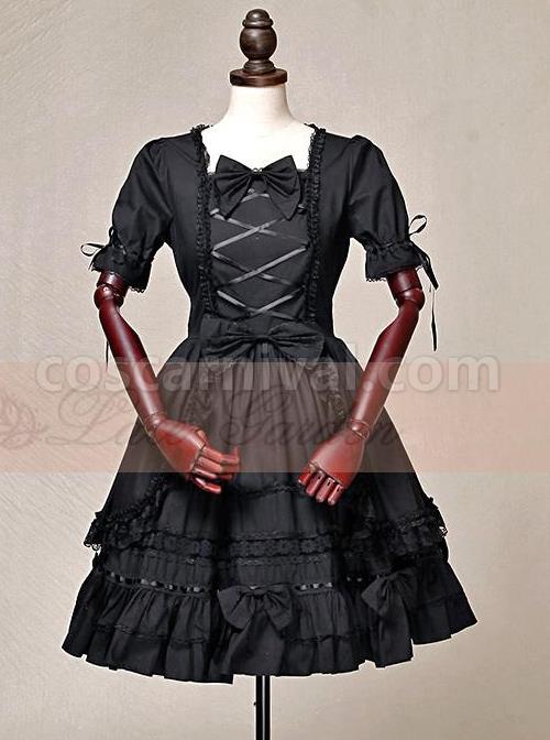 Black Short Sleeves Cotton Bow Gothic Lolita Dress coscarnival