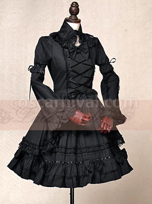Black Short Sleeves Cotton Bow Gothic Lolita Dress coscarnival