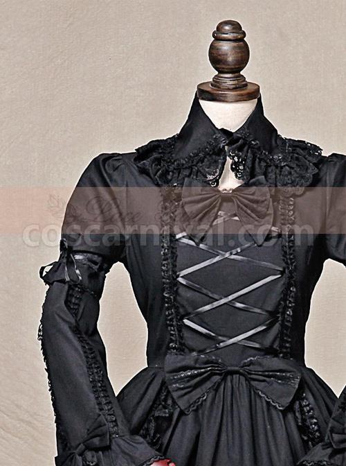 Black Short Sleeves Cotton Bow Gothic Lolita Dress coscarnival