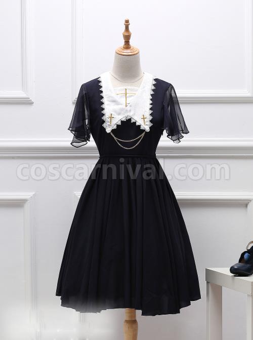 Black Short Sleeves Crucifix Gothic Lolita Dress coscarnival