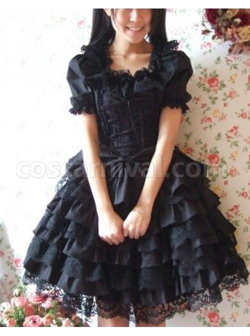 Black Short Sleeves Ruffle Sweet Cotton Lolita Dress coscarnival