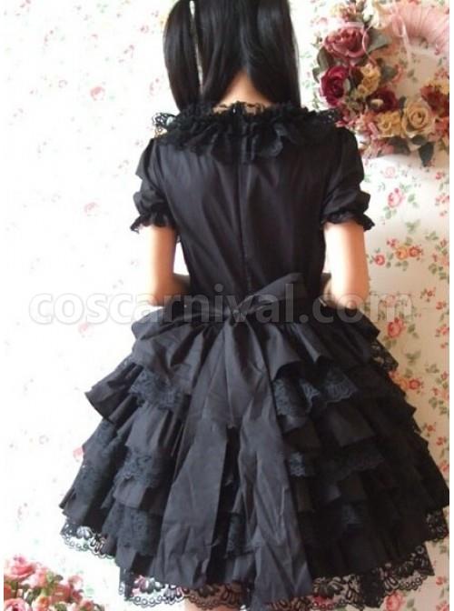 Black Short Sleeves Ruffle Sweet Cotton Lolita Dress coscarnival