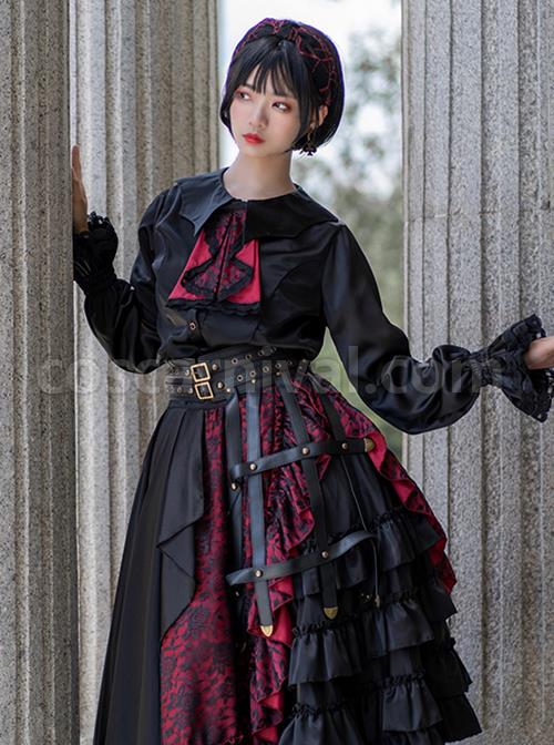 Black Simple Daily Lotus Leaf Neckline Design Gothic Lolita Long Sleeve Shirt coscarnival