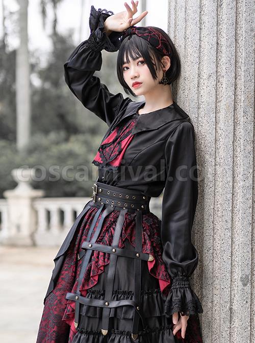 Black Simple Daily Lotus Leaf Neckline Design Gothic Lolita Long Sleeve Shirt coscarnival