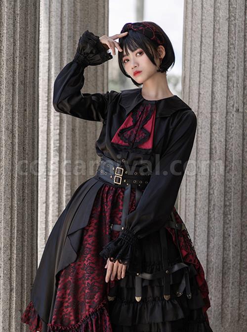Black Simple Daily Lotus Leaf Neckline Design Gothic Lolita Long Sleeve Shirt coscarnival