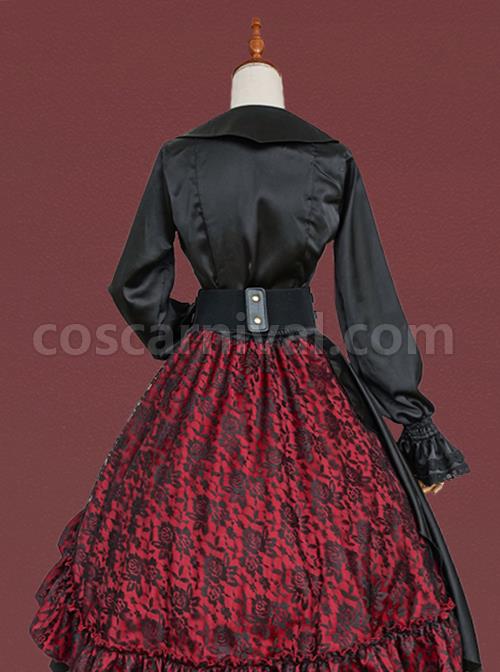 Black Simple Daily Lotus Leaf Neckline Design Gothic Lolita Long Sleeve Shirt coscarnival