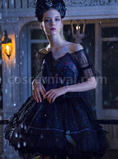 Black Upper Body Fake Two Piece Design Dark Elegant Sexy Halter Hem Feather Detachable Gothic Lolita Short Sleeve Dress coscarnival