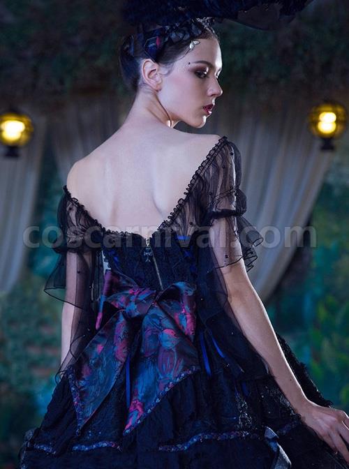 Black Upper Body Fake Two Piece Design Dark Elegant Sexy Halter Hem Feather Detachable Gothic Lolita Short Sleeve Dress coscarnival