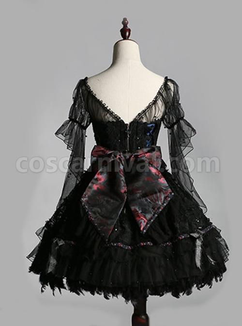 Black Upper Body Fake Two Piece Design Dark Elegant Sexy Halter Hem Feather Detachable Gothic Lolita Short Sleeve Dress coscarnival