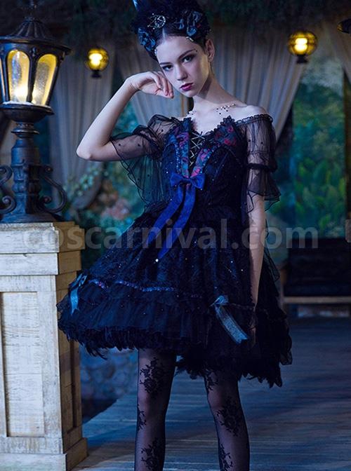 Black Upper Body Fake Two Piece Design Dark Elegant Sexy Halter Hem Feather Detachable Gothic Lolita Short Sleeve Dress coscarnival