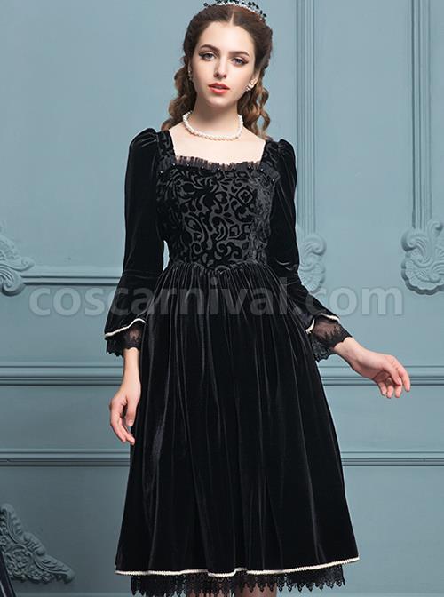 Black Velour Lace Edge Gothic Lolita Long Sleeve Dress coscarnival