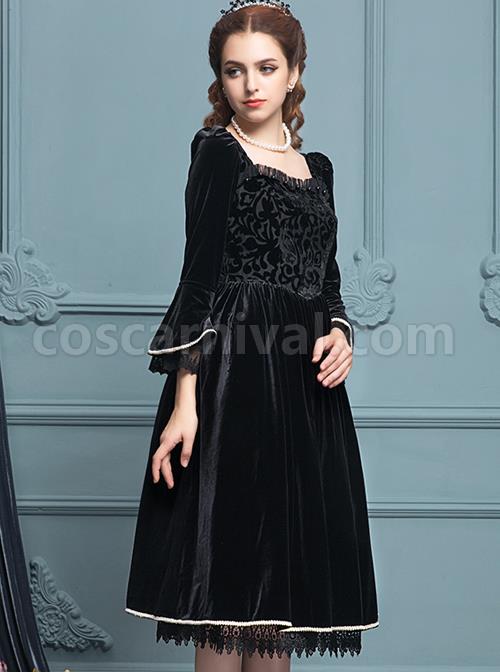 Black Velour Lace Edge Gothic Lolita Long Sleeve Dress coscarnival