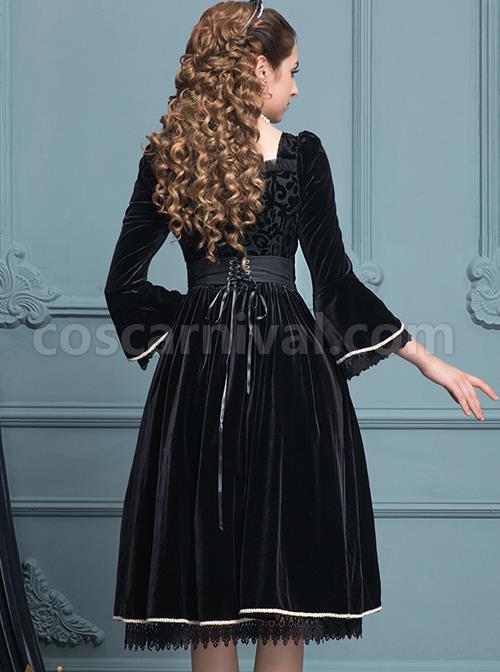Black Velour Lace Edge Gothic Lolita Long Sleeve Dress coscarnival
