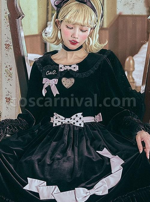 Black Velvet Crew Neck Heart Cutout Polka Dot Bow-Knot Frenulum Classic Lolita Long-Sleeved Shirt coscarnival