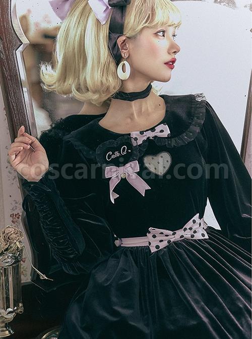Black Velvet Crew Neck Heart Cutout Polka Dot Bow-Knot Frenulum Classic Lolita Long-Sleeved Shirt coscarnival