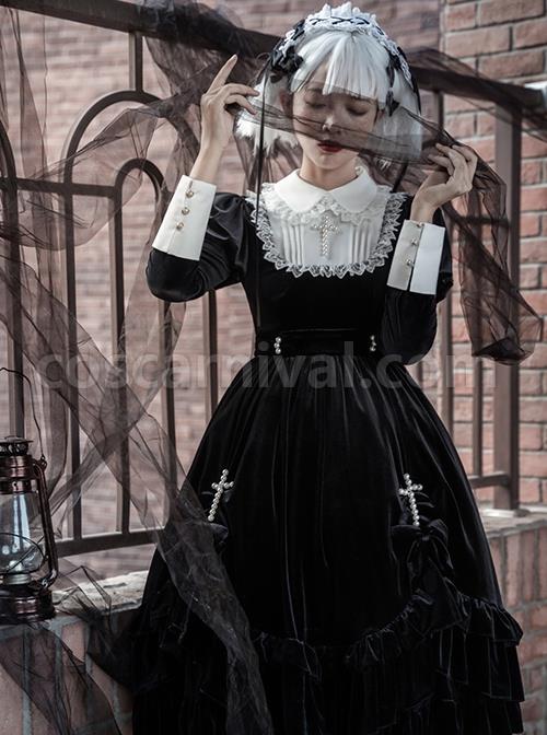 Black Velvet Vintage Elegant Lace Lapel Pearl Crucifix Decorative Gothic Lolita Long Sleeve Dress coscarnival
