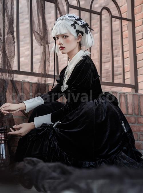 Black Velvet Vintage Elegant Lace Lapel Pearl Crucifix Decorative Gothic Lolita Long Sleeve Dress coscarnival