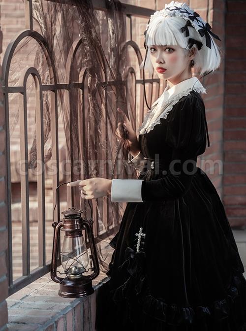 Black Velvet Vintage Elegant Lace Lapel Pearl Crucifix Decorative Gothic Lolita Long Sleeve Dress coscarnival