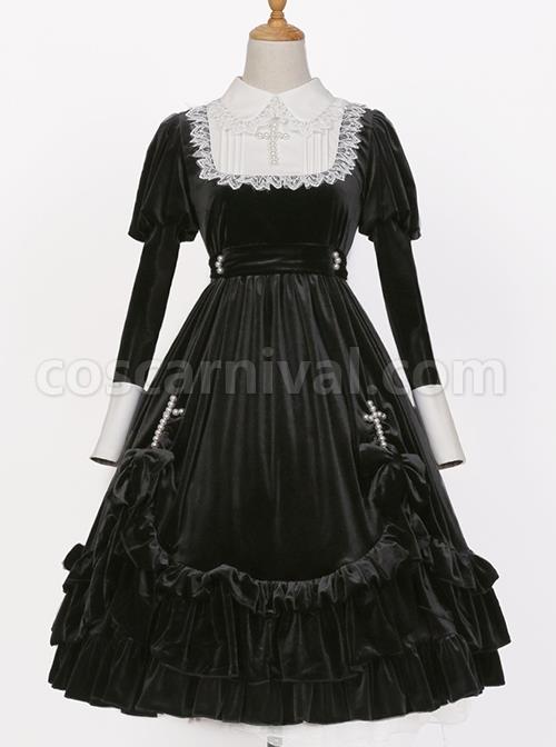 Black Velvet Vintage Elegant Lace Lapel Pearl Crucifix Decorative Gothic Lolita Long Sleeve Dress coscarnival
