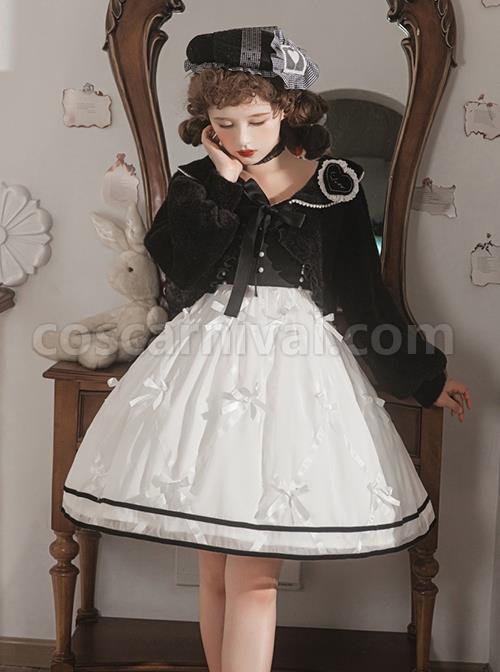 Black-White-Elegant-Sleeveless-Lace-Bow-Dress-Plush-Jacket-Classic-Lolita-Dress-Set-coscarnival-3462