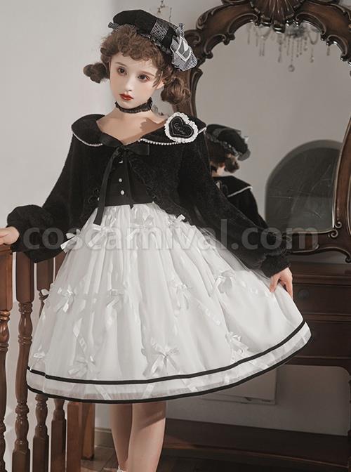 Black-White-Elegant-Sleeveless-Lace-Bow-Dress-Plush-Jacket-Classic-Lolita-Dress-Set-coscarnival-3467