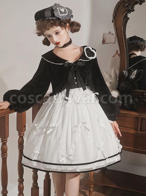 Black-White-Elegant-Sleeveless-Lace-Bow-Dress-Plush-Jacket-Classic-Lolita-Dress-Set-coscarnival-3482