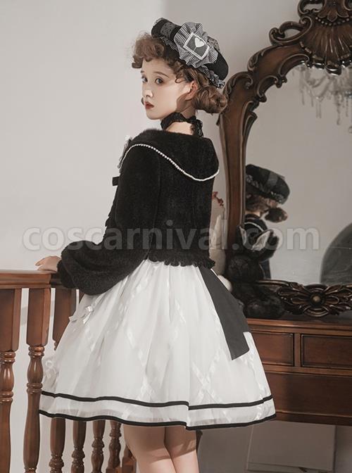 Black-White-Elegant-Sleeveless-Lace-Bow-Dress-Plush-Jacket-Classic-Lolita-Dress-Set-coscarnival-3487