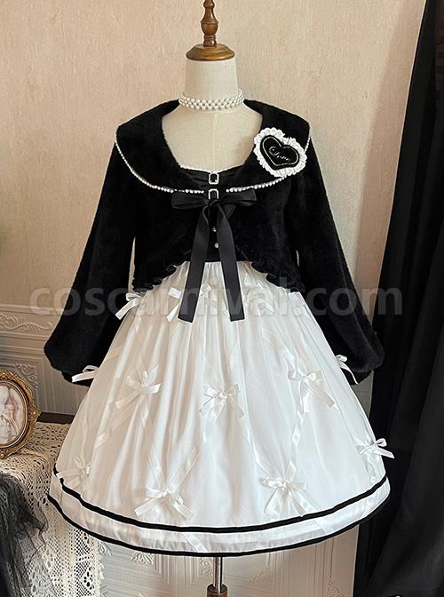 Black-White-Elegant-Sleeveless-Lace-Bow-Dress-Plush-Jacket-Classic-Lolita-Dress-Set-coscarnival-3496