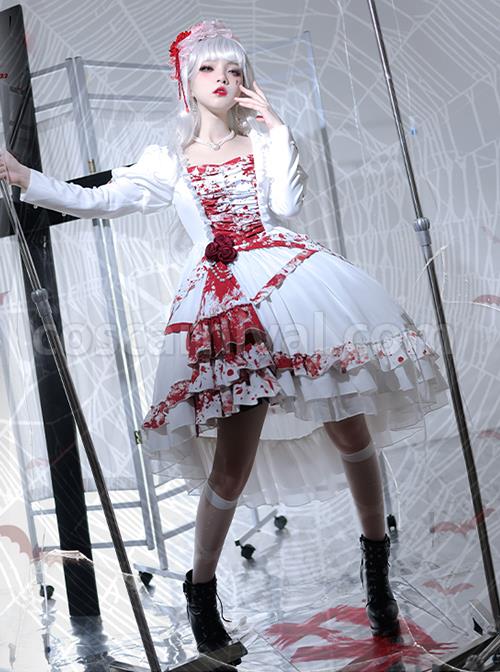 Blood Stained Series Dark Folds Bloodstained Decoration Detachable Rosette Slit Triple Hem Trim Long Sleeve Pearl Trim Gothic Lolita Dress coscarnival