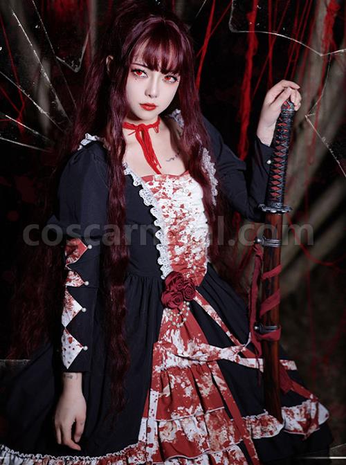 Blood Stained Series Dark Folds Bloodstained Decoration Detachable Rosette Slit Triple Hem Trim Long Sleeve Pearl Trim Gothic Lolita Dress coscarnival