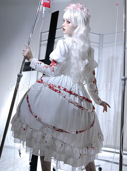 Blood Stained Series Dark Folds Bloodstained Decoration Detachable Rosette Slit Triple Hem Trim Long Sleeve Pearl Trim Gothic Lolita Dress coscarnival