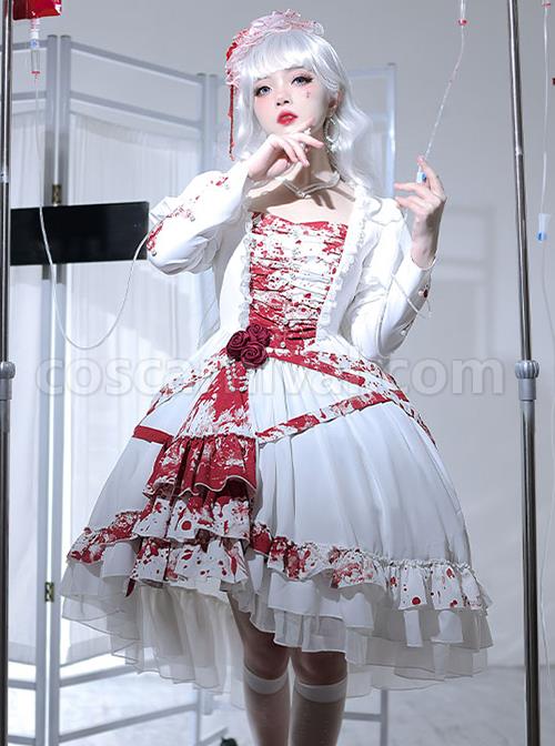 Blood Stained Series Dark Folds Bloodstained Decoration Detachable Rosette Slit Triple Hem Trim Long Sleeve Pearl Trim Gothic Lolita Dress coscarnival