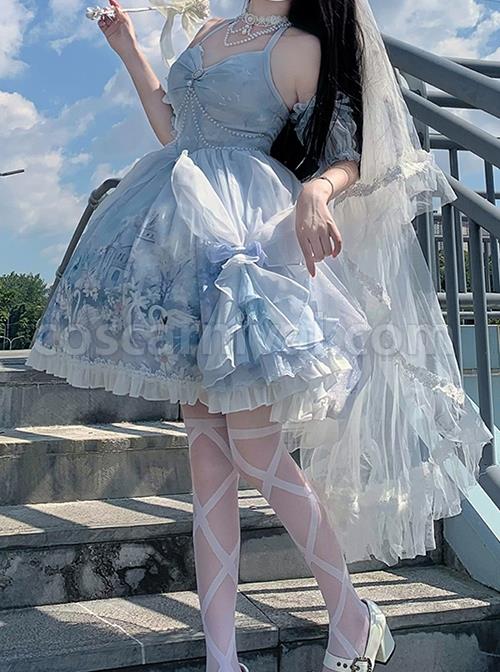 Blue-Elegance-Open-Back-Swan-Castle-Print-Bow-Lace-Bead-Chain-Necklace-Puff-Hand-Sleeve-Classic-Lolita-Sleeveless-Dress-coscarnival-3442