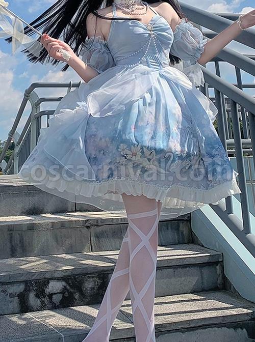 Blue-Elegance-Open-Back-Swan-Castle-Print-Bow-Lace-Bead-Chain-Necklace-Puff-Hand-Sleeve-Classic-Lolita-Sleeveless-Dress-coscarnival-3449