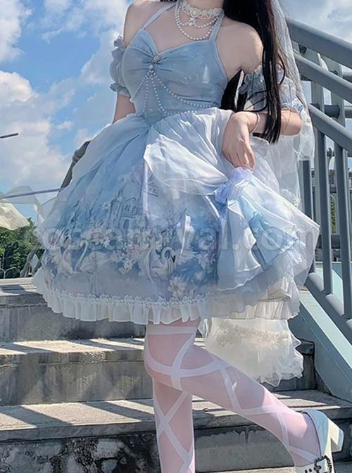 Blue-Elegance-Open-Back-Swan-Castle-Print-Bow-Lace-Bead-Chain-Necklace-Puff-Hand-Sleeve-Classic-Lolita-Sleeveless-Dress-coscarnival-3456