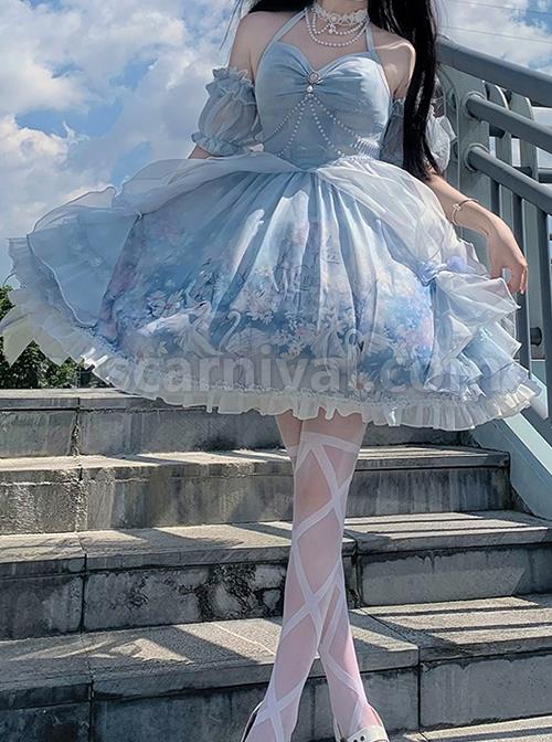 Blue-Elegance-Open-Back-Swan-Castle-Print-Bow-Lace-Bead-Chain-Necklace-Puff-Hand-Sleeve-Classic-Lolita-Sleeveless-Dress-coscarnival-3465
