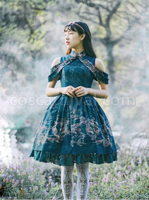 Blue Kowloon Missing Shoulder Print Dress coscarnival