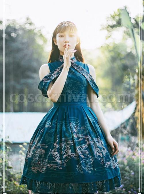 Blue Kowloon Missing Shoulder Print Dress coscarnival