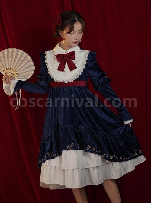 Blue-Velvet-Stand-Collar-Lace-Red-Bow-Knot-Decorative-Irregular-Print-Hem-Frenulum-Long-Sleeves-Classic-Lolita-Dress-coscarnival-3409