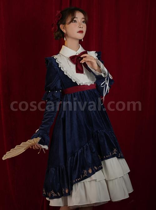 Blue-Velvet-Stand-Collar-Lace-Red-Bow-Knot-Decorative-Irregular-Print-Hem-Frenulum-Long-Sleeves-Classic-Lolita-Dress-coscarnival-3415