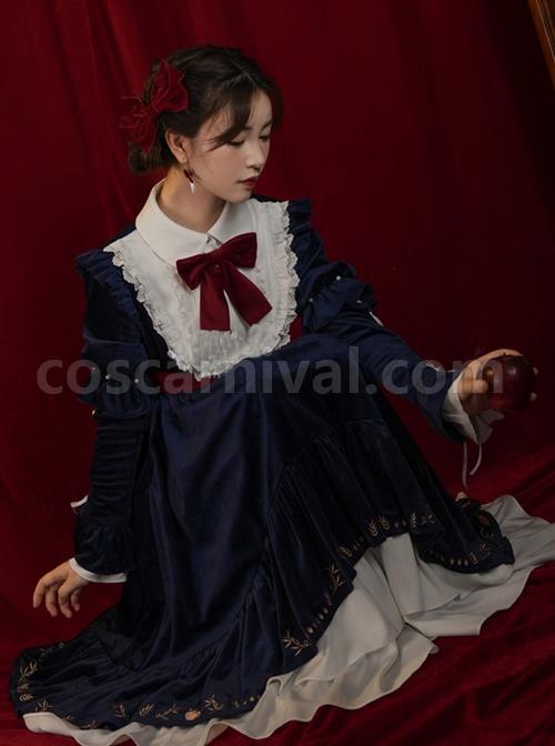 Blue-Velvet-Stand-Collar-Lace-Red-Bow-Knot-Decorative-Irregular-Print-Hem-Frenulum-Long-Sleeves-Classic-Lolita-Dress-coscarnival-3421