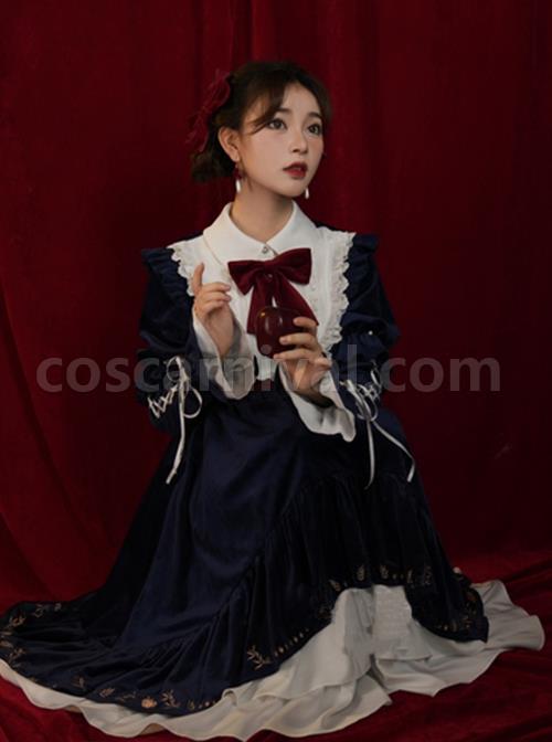 Blue-Velvet-Stand-Collar-Lace-Red-Bow-Knot-Decorative-Irregular-Print-Hem-Frenulum-Long-Sleeves-Classic-Lolita-Dress-coscarnival-3430