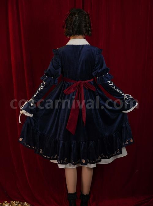 Blue-Velvet-Stand-Collar-Lace-Red-Bow-Knot-Decorative-Irregular-Print-Hem-Frenulum-Long-Sleeves-Classic-Lolita-Dress-coscarnival-3435