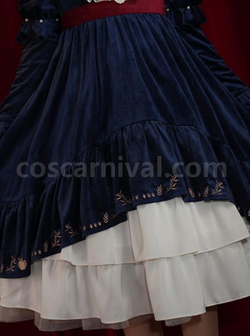 Blue-Velvet-Stand-Collar-Lace-Red-Bow-Knot-Decorative-Irregular-Print-Hem-Frenulum-Long-Sleeves-Classic-Lolita-Dress-coscarnival-3441
