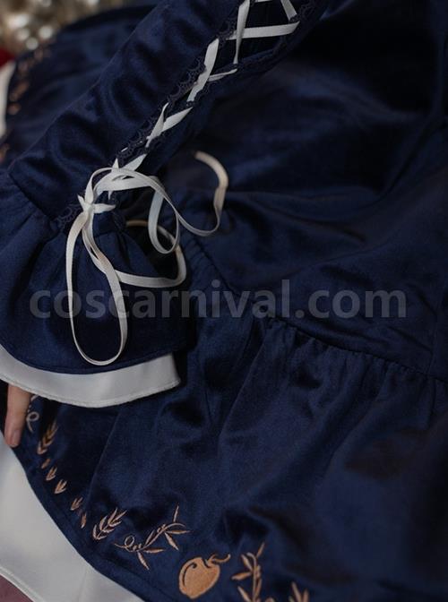 Blue-Velvet-Stand-Collar-Lace-Red-Bow-Knot-Decorative-Irregular-Print-Hem-Frenulum-Long-Sleeves-Classic-Lolita-Dress-coscarnival-3448