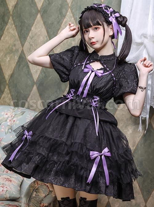 Bow-Print-Graphic-Decoration-Small-Shawl-Chinese-Style-Buckle-Design-Pleated-Fluffy-Lace-Hem-Classic-Lolita-Short-Sleeve-Dress-coscarnival-1411