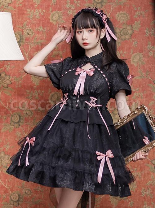 Bow-Print-Graphic-Decoration-Small-Shawl-Chinese-Style-Buckle-Design-Pleated-Fluffy-Lace-Hem-Classic-Lolita-Short-Sleeve-Dress-coscarnival-1416