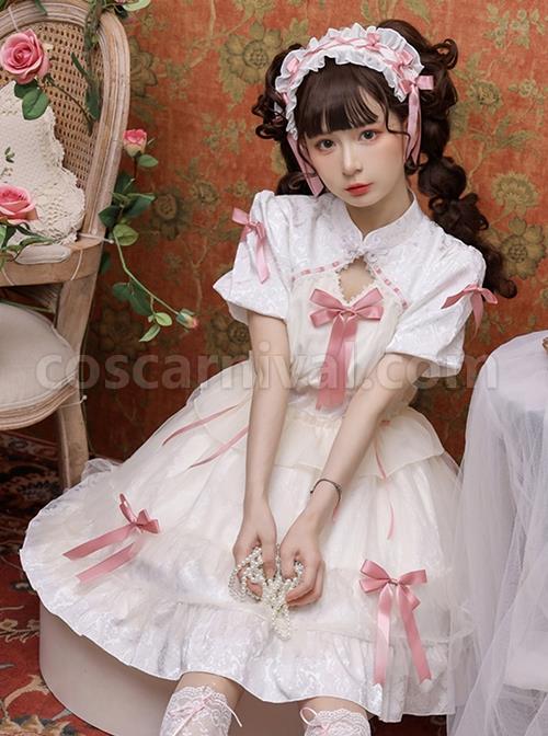 Bow-Print-Graphic-Decoration-Small-Shawl-Chinese-Style-Buckle-Design-Pleated-Fluffy-Lace-Hem-Classic-Lolita-Short-Sleeve-Dress-coscarnival-1421