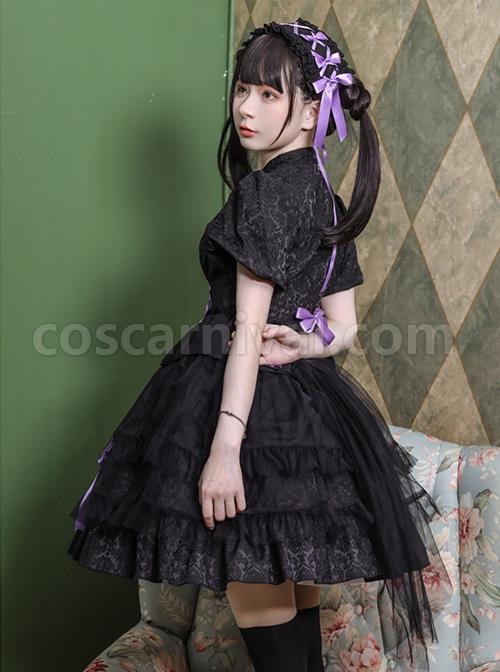 Bow-Print-Graphic-Decoration-Small-Shawl-Chinese-Style-Buckle-Design-Pleated-Fluffy-Lace-Hem-Classic-Lolita-Short-Sleeve-Dress-coscarnival-1426