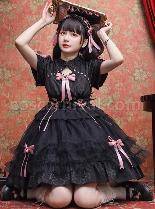 Bow-Print-Graphic-Decoration-Small-Shawl-Chinese-Style-Buckle-Design-Pleated-Fluffy-Lace-Hem-Classic-Lolita-Short-Sleeve-Dress-coscarnival-1434